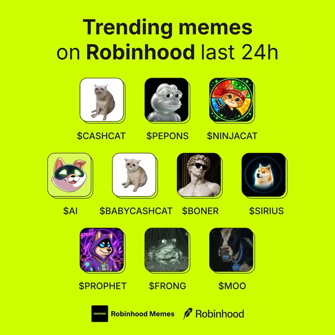 Green infographic titled 'Trending memes on Robinhood last 24h' displaying meme tokens including $CASHCAT, $PEPONS, $NINJACAT, $AI, $BABYCASHCAT, $BONER, $SIRIUS, $PROPHET, $FRONG, and $MOO.
