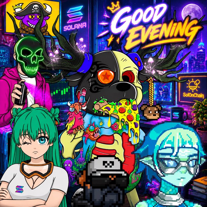 A vibrant digital illustration features anime-style characters, a dog with a glowing eye, and text reading 'SOLANA', 'SolOnChain', and 'GOOD EVENING' against a cyberpunk backdrop.
