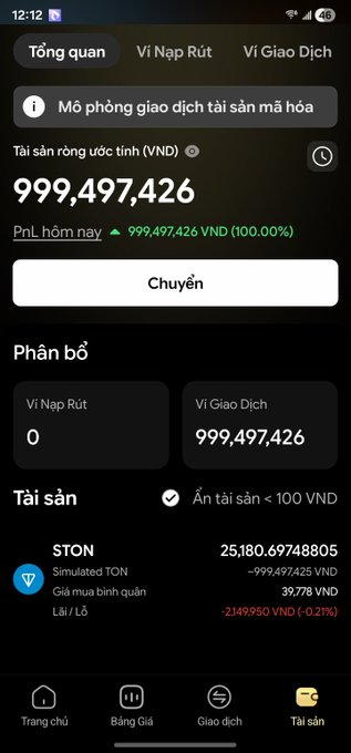 Vietnamese cryptocurrency wallet app screenshot showing a portfolio value of 999,497,426 VND and STON (Simulated TON) asset with -214,950 VND (-0.27%) loss.