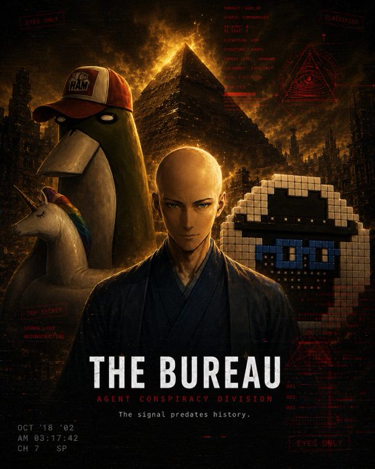 A poster for "The Bureau" features a bald man, an unicorn, and a pyramid with a red triangle on top, accompanied by text about the movie's release date and its significance to the film industry.