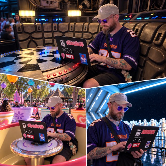 A three-panel collage of a bearded man in sunglasses and a NY cap wearing a purple 'D. Loveland' jersey with the number 12, working on a sticker-covered laptop in sci-fi themed settings.
