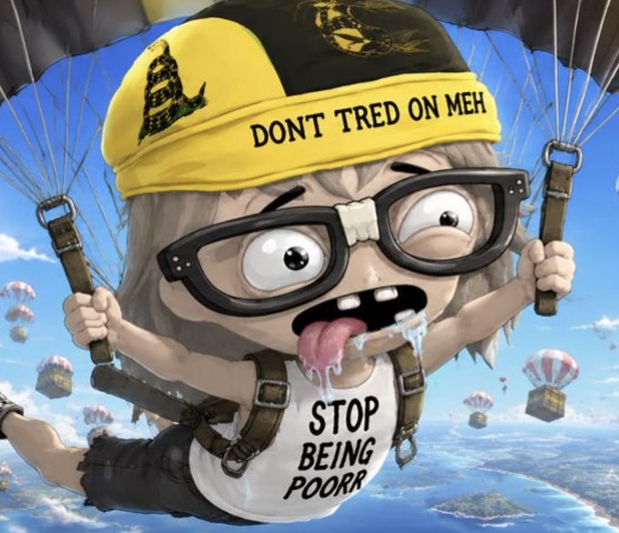 A cartoon character wearing a Gadsden flag hat ("DONT TRED ON MEH") and a shirt reading "STOP BEING POORR" dangles from a parachute above a landscape scattered with parachutes dropping boxes of coins, satirizing the Robinhood crypto trading announcement by mocking the reckless "diving in" mentality of novice investors chasing meme coins.