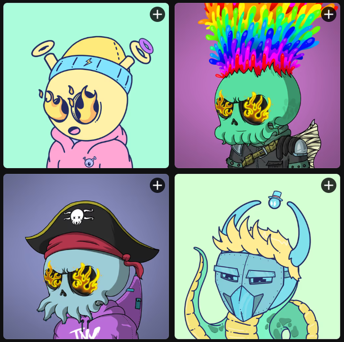 A 2x2 grid of cartoon NFT-style characters, including a crying yellow figure with halos, a green skull with rainbow flame hair, a pirate skull with an eye patch, and a blue knight.