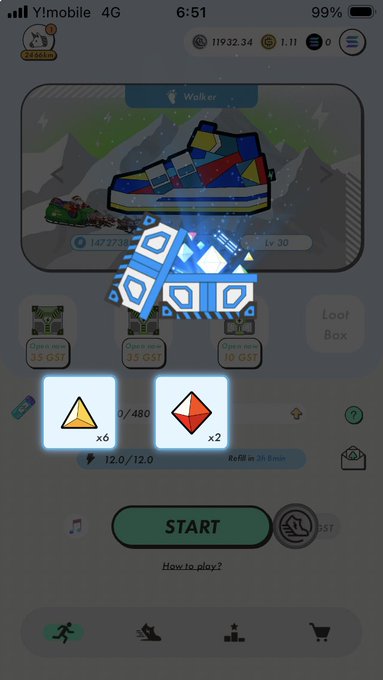 A screenshot of the STEPN mobile app showing a high-level Walker sneaker (1,473,739 points, Lv 30) with GST and GMT token balances (12.0/12.0 and 480), ready to start a walking session. The app's interface, featuring sneaker NFTs and a green "START" button, reflects the poster's excitement to get back into walking with the app after a long break.
