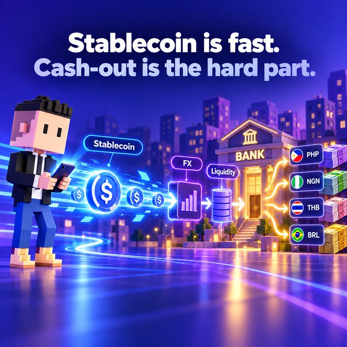 A 3D-rendered advertisement with the text "Stablecoin is fast. Cash-out is the hard part." shows a pixelated man sending stablecoin dollars through FX and Liquidity to a bank, with currency flags for PHP, NGN, THB, and BRL.