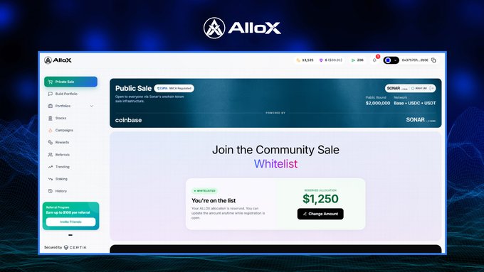 The image shows the AlloX platform's "Public Sale" page featuring a Community Sale for SONAR with a "$2,000,000" public raise and a whitelist allocation section displaying "$1,250" as the maximum reservation amount. The screenshot illustrates the whitelist registration interface, visually reinforcing the post's message that exclusive early-access spots are available before the broader community sale opens.