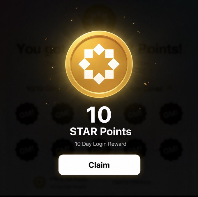 A glowing golden coin featuring a star logo displays a "10 Day Login Reward" notification for 10 STAR Points, with a "Claim" button. The image illustrates the first farming task mentioned in the post, where users earn points by completing a 10-day GM streak to build toward the potential Startale airdrop.