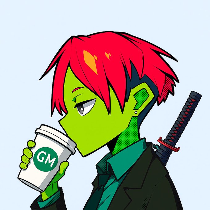 An anime-style illustration of a green-skinned character with red hair drinking from a 'GM' coffee cup, with a sword on their back