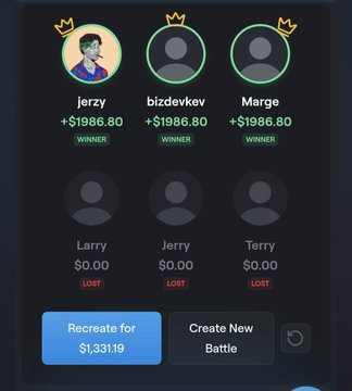 The image shows a Holos.gg battle results screen where "jerzy," "bizdevkev," and "Marge" each won $1986.80 with crowns above their avatars, while Larry, Jerry, and Terry lost $0.00—visually confirming the post's claim that @jerzy and @BizDevKev are dominating the competition.