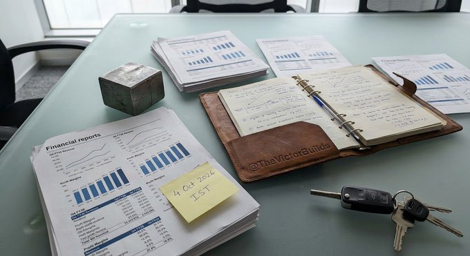 A glass desk holds financial reports with bar charts, a leather-bound planner filled with handwritten notes and diagrams, a metal cube, car keys, and a yellow sticky note reading "4 Oct 2026 IST".