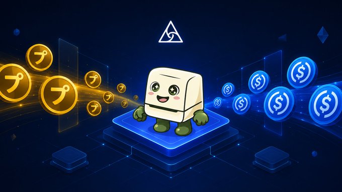 A cartoon mascot character resembling a white cube with a smiling face and green limbs, standing on a blue platform surrounded by floating golden cryptocurrency tokens and blue dollar sign coins against a dark blue tech background.