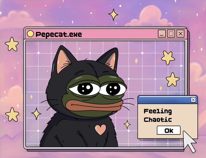 A cute illustration of a cat wearing a Pepe the Frog mask in a retro Windows-style window titled 'Pepecat.exe', with a pop-up showing 'Feeling Chaotic' against a pastel pink starry background.