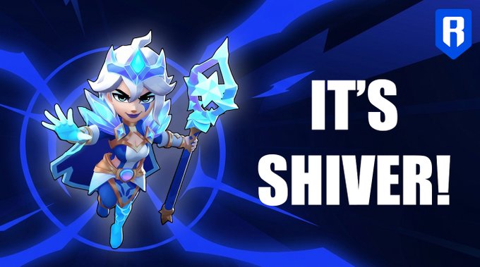 A promotional graphic featuring a blue-haired, icy-themed female character holding a glowing crystal staff, with the bold text "IT'S SHIVER!" displayed prominently on the right side against a dark blue background, matching the post's announcement of Shiver from Fableborne.
