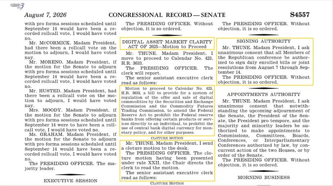 This image shows page S4557 of the Congressional Record from August 7, 2026, documenting Senate proceedings including a rollcall vote on a motion to proceed to Calendar No. 423 (H.R. 3633), the Digital Asset Market Clarity Act, which failed without objection, as well as notes on appointments and signing authority.

The image directly relates to the post by showing the formal Senate record of the cloture motion being filed on the Clarity Act (H.R. 3633), though the surrounding discussion references TD Cowen analyst concerns about only a 25% chance of passage due to ethics issues around Trump's crypto holdings and stablecoin reward disputes under Section 404.