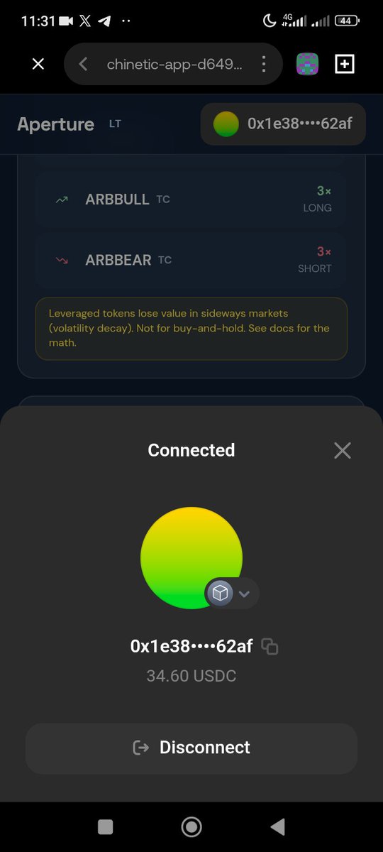A mobile app screenshot showing a connected crypto wallet (0x1e38...62af) with a balance of 34.60 USDC on what appears to be the Kinetic app, displaying ARBBULL and ARBBEAR leveraged token options.