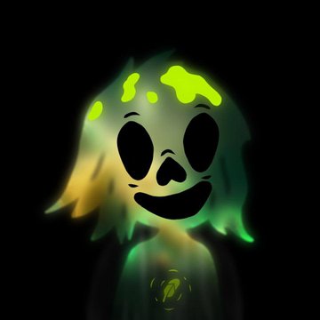 A dark, stylized digital illustration of a glowing green ghost-like figure with a smiling face, large black eyes, and skull-like features against a black background.