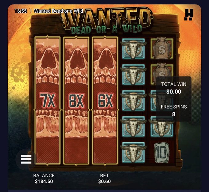 A screenshot from the slot game "Wanted Dead or a Wild" showing three skull multipliers (7X, 8X, 6X) on the reels with $184.50 balance and $0.60 bet, alongside a Free Spins counter at 8 and Total Win of $0.00—ironically illustrating the post's boast about hitting a big win, as the user appears to still be waiting for that payout despite the promising skull multipliers on screen.