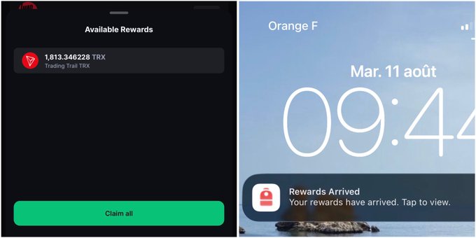 The image shows a Backpack app screenshot displaying "1,813.346228 TRX" in available rewards from a "Trading Trail TRX" program, alongside a phone lock screen notification stating "Rewards Arrived - Your rewards have arrived. Tap to view" dated Mar. 11 août at 09:44, visually confirming the ~$600 TRX reward the user received simply for using Backpack.