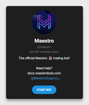 A profile card for "Maestro" (@maestro), a trading bot with 38,240 monthly users, featuring a "START BOT" button and a link to docs.maestrobots.com, which aligns with the post promoting Maestro as the working solution for trading and bridging out Arc memcoins.