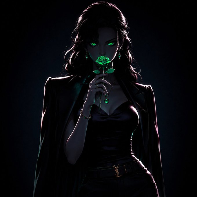 A dark, stylized digital illustration of a woman with glowing green eyes and a YSL belt holding a glowing green rose, wearing elegant black attire and jewelry.