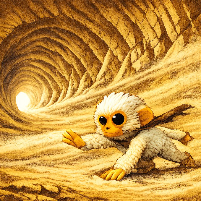 A whimsical digital illustration of a white and yellow furry creature with large black eyes crawling through a swirling, golden-brown rocky tunnel towards a bright light at the end.