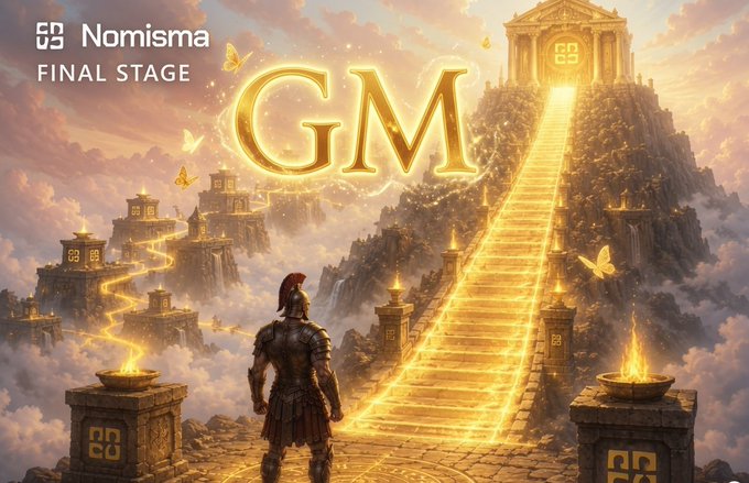 A promotional image for 'Nomisma' labeled 'FINAL STAGE' with large gold 'GM' letters, depicting a warrior in armor looking up a glowing golden staircase toward a temple on a mountain in the clouds.