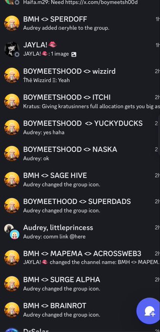 A Discord channel list shows Audrey creating or renaming several group channels, including BMH <> SPERDOFF, BOYMEETSHOOD <> wizzrd, ITCHI, YUCKYDUCKS, NASKA, SAGE HIVE, SUPERDADS, MAPEMA <> ACROSSWEB3, SURGE ALPHA, and BRAINROT. The jokes about “gc” (group chat) creation tie into the post’s warning that a DAO is in trouble if it doesn’t get a GC today.
