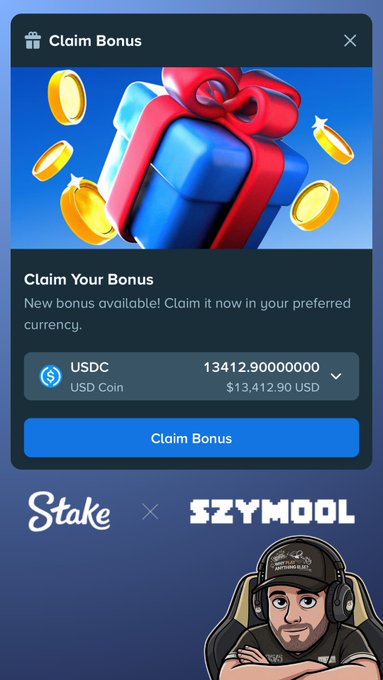 The image shows a "Claim Bonus" popup from Stake, advertising a partnership with Szymool and displaying a USDC bonus balance of 13,412.90000000 (~$13,412.90), aligning with the post's promotion of the wager race rewards available via the "Szymool" code.