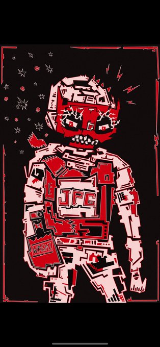 A red and black stylized illustration shows a distressed robot-like figure with "JFG" and "MILK" markings on its body against a starry background.