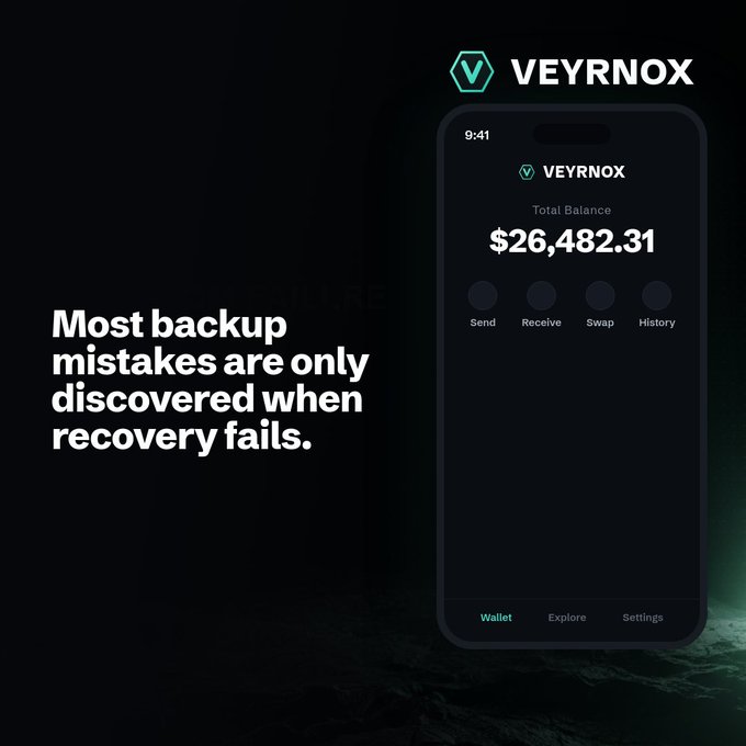 An advertisement for the 'VEYRNOX' crypto wallet shows a mobile app interface displaying a 'Total Balance' of '$26,482.31' alongside the text 'Most backup mistakes are only discovered when recovery fails.'