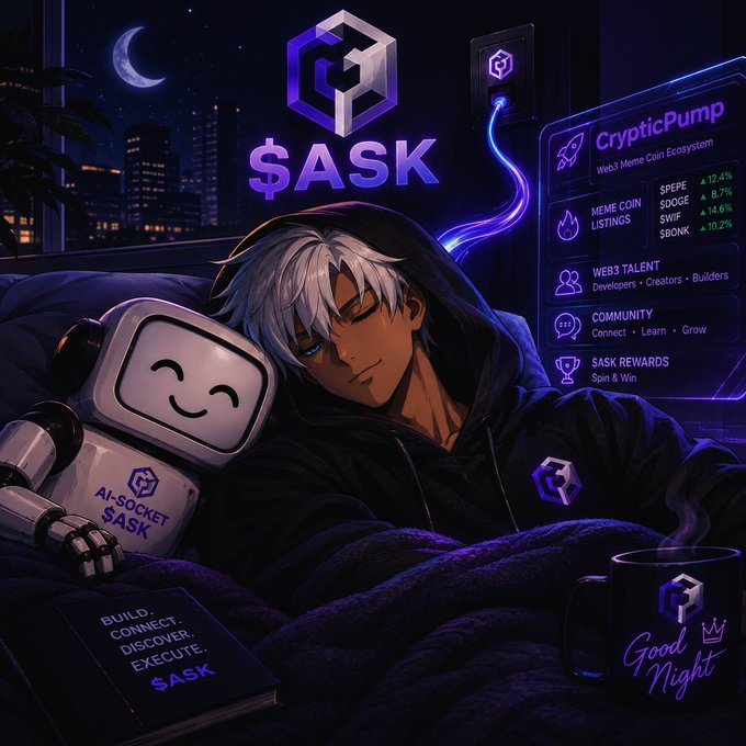 Anime-style digital illustration featuring a silver-haired character in a hoodie alongside an AI-Socket robot, with a 'CrypticPump' meme coin listing display showing tokens $PEPE, $DOGE, $SWIF, and $BONG, plus a $ASK cryptocurrency logo.