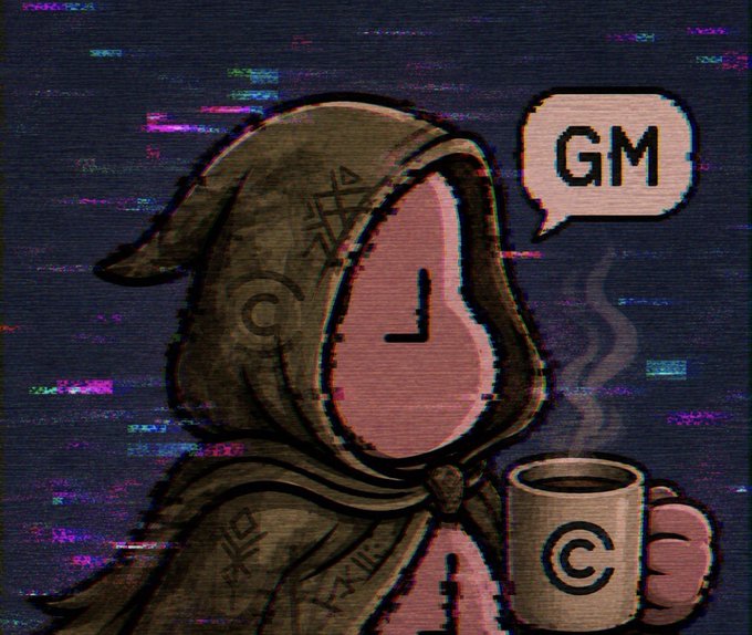 The image features a cartoon character wearing a hooded robe, holding a coffee cup with a logo of "gm" written on it. The character appears to be looking down at something or someone, possibly a book or a piece of paper. The background is dark and has a purple and blue color scheme, giving the impression that the image was taken in a dimly lit room or during nighttime.