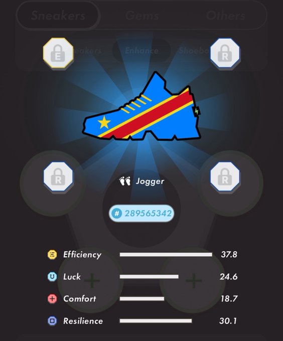 The image shows a black background with a blue shoe design featuring a red, white, and yellow flag. The shoe has a star on top of it. There are four other shoes displayed around the main one, each with different designs. A lock is also present in the scene.
