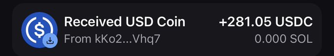 A transaction notification showing a receipt of +281.05 USDC from the address kKo2...Vhq7. The image directly supports the post's claim by serving as visual proof of the daily Pump App earnings the user describes.