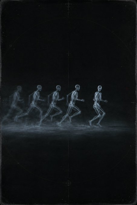A dark, moody illustration shows a sequence of five skeletal figures running in motion from left to right, depicting the progression of a running skeleton in an X-ray style against a black background with faint circular markings.