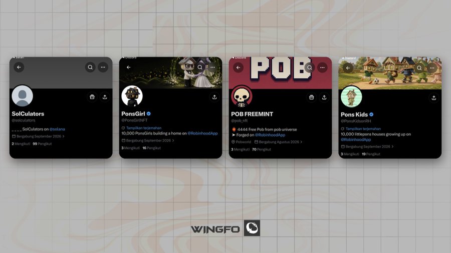 Four NFT project cards displayed: SolCulators (@solana), PonsGirl @PonsGirlNFT (10,000 PonsGirls building a home on @RobinhoodApp), POB FREEMINT @pob_nft (4,444 Free Pob from pob universe, Forged on @RobinhoodApp), and Pons Kids @PonsKidsonRH (10,000 littlepons houses growing up on @RobinhoodApp), all launching September 2025, with the WINGFO logo at the bottom.