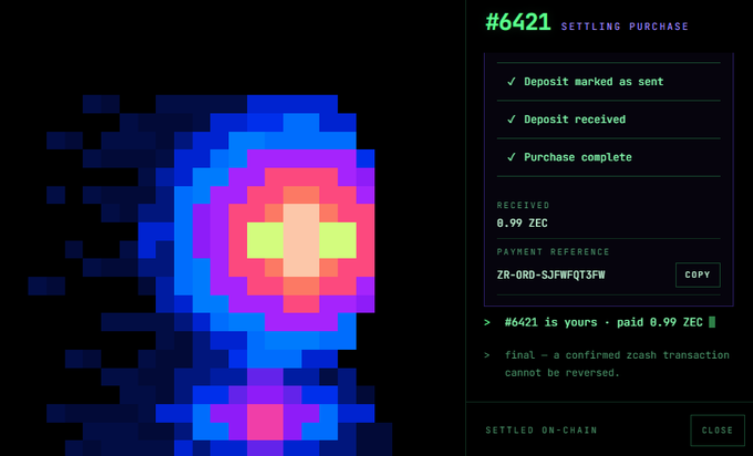 A pixel art image of a colorful abstract character in purple, pink, and green on the left, paired with a cryptocurrency purchase confirmation screen showing '#6421 SETTLING PURCHASE', '8.99 ZEC received', and a payment reference 'ZR-ORD-SJFHFQT3FW'.