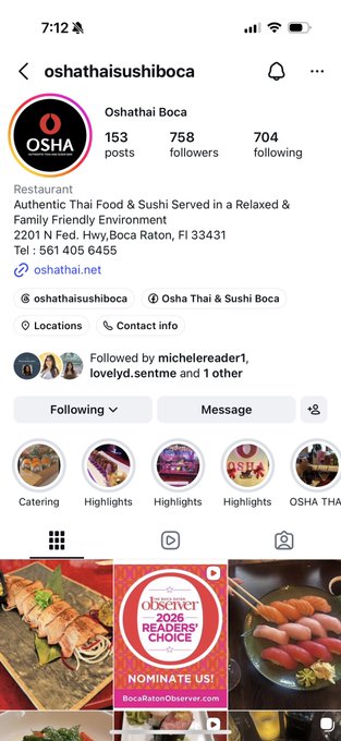 Instagram profile page for Oshathai Boca, a Thai food and sushi restaurant in Boca Raton, FL with 758 followers, featuring their bio, contact info, and story highlights.