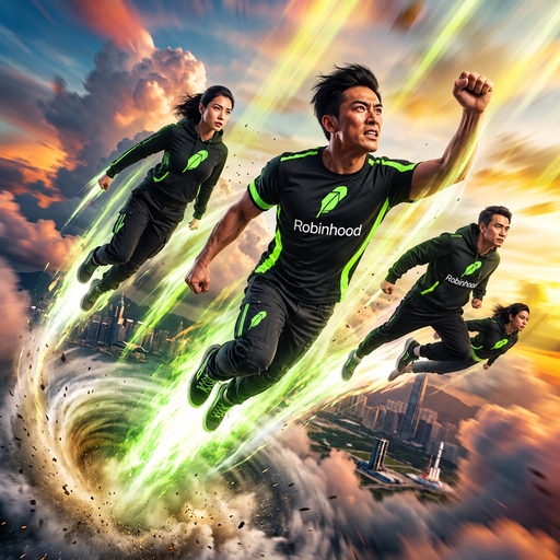 Four individuals wearing "Robinhood" branded athletic gear soar through a dramatic sky above a city skyline, propelled by swirling green energy, visually embodying the post's claim that "Chinese people can fly."