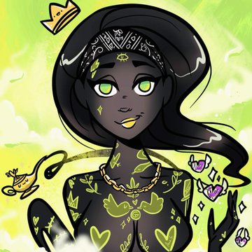A digital illustration of a dark-skinned character with green eyes, long black hair, a crown, and green floral body markings, holding glowing crystal-like objects.