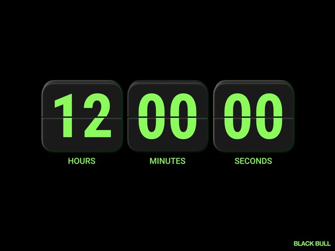 A digital countdown timer displaying 12 hours, 00 minutes, and 00 seconds in bright green neon-style numbers on a black background, branded 'BLACK BULL'.