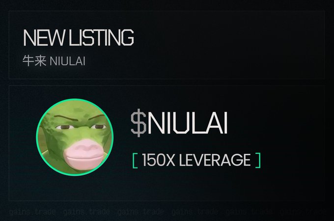 A new listing announcement for $NIULAI (牛来) with a Pepe-style frog logo, advertising 150X leverage.