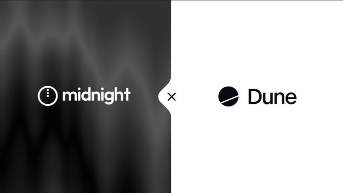 A promotional graphic featuring the Midnight logo on a dark, wispy background alongside the Dune logo, separated by an 'x' on a white background.