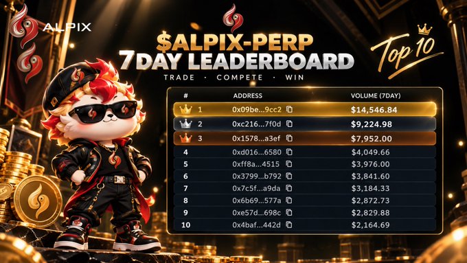 The image showcases a "$ALPIX-PERP 7 Day Leaderboard" banner featuring a stylized red-haired mascot, displaying the Top 10 traders by 7-day volume with #1 leading at $14,546.84 (address 0x09be...9ec2) and the lowest ranked trader at $2,164.69, alongside partial wallet addresses (e.g., 0xc216...7f0d, 0x1578...a3ef), illustrating the competitive rankings users can still climb for the 2000 USDC prize.