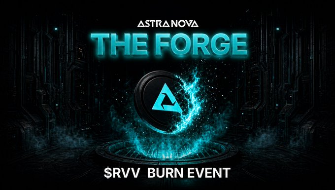 A promotional graphic for Astra Nova's "The Forge" featuring a futuristic dark sci-fi design with glowing cyan accents, displaying the text "$RVV BURN EVENT" beneath a stylized coin emblem engulfed in blue flames. The dramatic, technology-themed visual reinforces the announcement of Astra Nova's official $RVV token burn program.