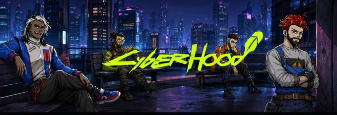 The title screen for 'CyberHood,' featuring four stylized characters sitting on a bench overlooking a neon-lit futuristic cityscape.