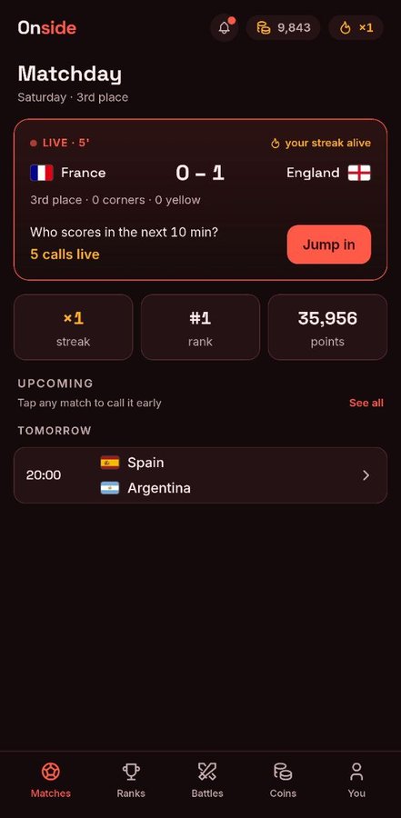 The image shows the "Onside" app's Matchday screen, displaying a live match between France (0) and England (1) at the 5th minute, with a user's rank of #1 and 35,956 points. The bottom navigation includes tabs for Matches, Ranks, Battles, Coins, and You, suggesting this is a sports prediction or gaming platform. This likely showcases one of the winning hackathon projects (Fanfield_app), a fantasy/sports engagement app built during the TxODDS World Cup Hackathon Nigeria.