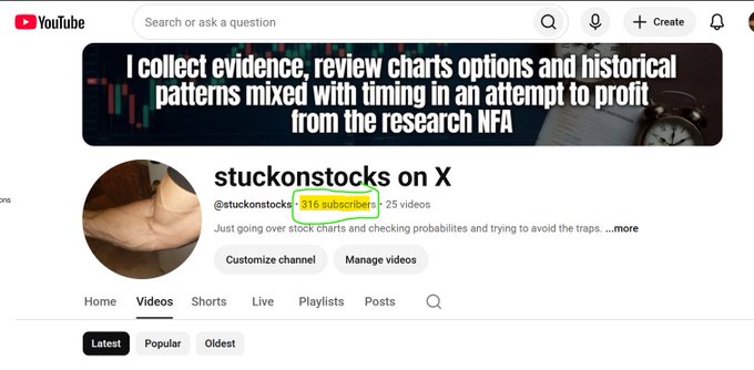 The screenshot shows a YouTube channel page for "stuckonstocks on X" (@stuckonstocks) with 1,918 subscribers and 25 videos, featuring a banner that reads "I collect evidence, review charts options and historical patterns mixed with timing in an attempt to profit from the research NFA." The image relates to the $AMC post by showcasing a channel dedicated to stock chart analysis and trading research, suggesting the creator analyzes stocks like AMC for signs and patterns to inform trading decisions.