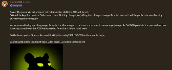 A Discord screenshot shows "Kingpin Rat" announcing that the $MUTAGEN token will launch on the Stonkbroker platform with a 50% LP allocation and a public bonding curve, going live within 24 hours, accompanied by a yellow-glowing rat silhouette image.