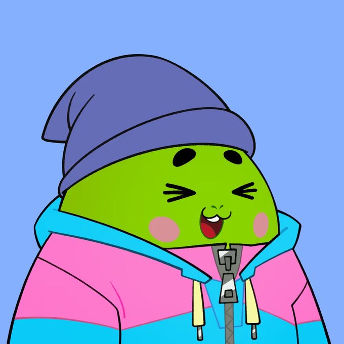 A cartoon illustration of a green, round character wearing a blue beanie and pink hoodie, smiling with closed eyes against a light blue background.